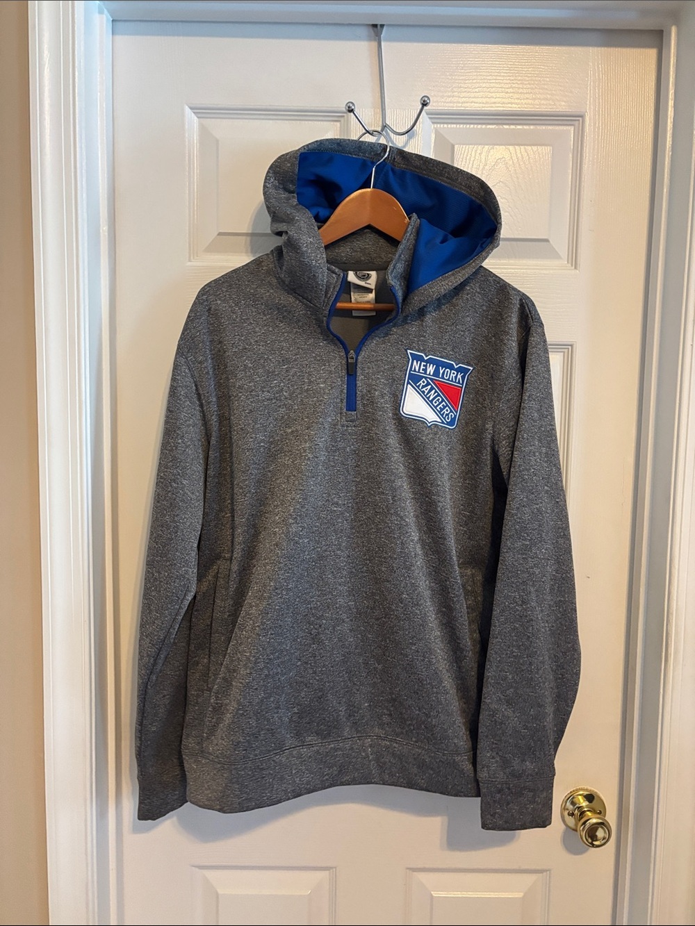 NHL New York Rangers Gray Hooded Quarter-Zip with Blue Lining